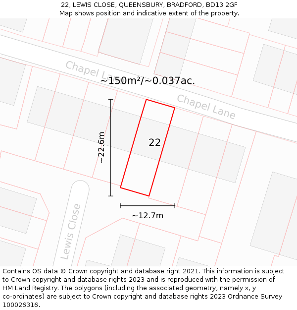 22, LEWIS CLOSE, QUEENSBURY, BRADFORD, BD13 2GF: Plot and title map