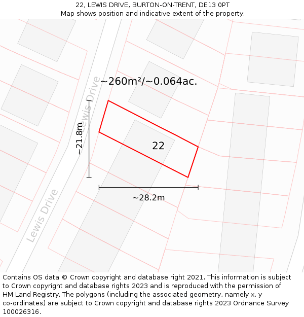 22, LEWIS DRIVE, BURTON-ON-TRENT, DE13 0PT: Plot and title map