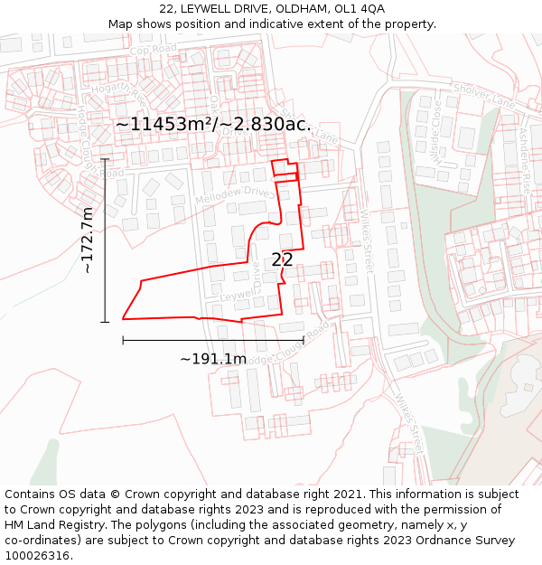 22, LEYWELL DRIVE, OLDHAM, OL1 4QA: Plot and title map