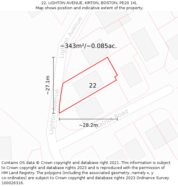 22, LIGHTON AVENUE, KIRTON, BOSTON, PE20 1XL: Plot and title map