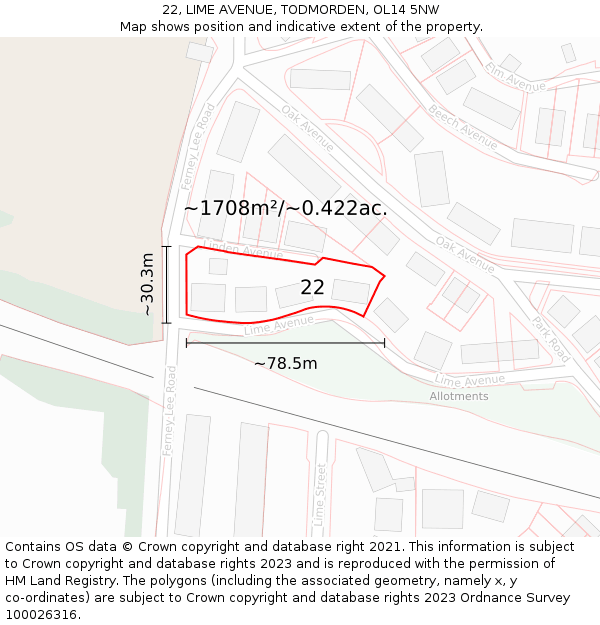 22, LIME AVENUE, TODMORDEN, OL14 5NW: Plot and title map
