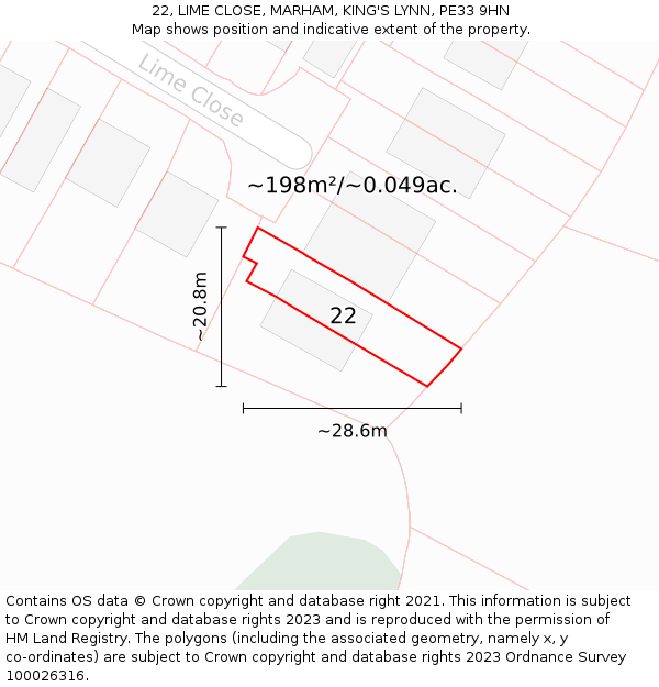 22, LIME CLOSE, MARHAM, KING'S LYNN, PE33 9HN: Plot and title map