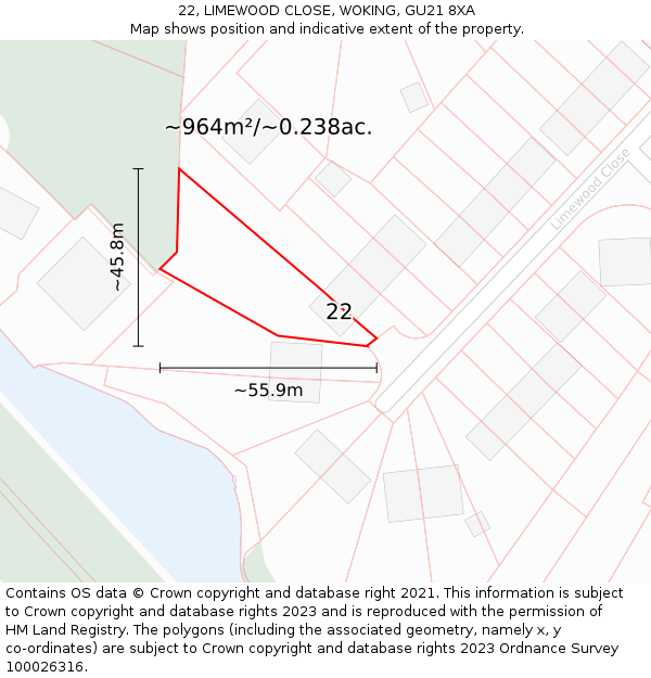 22, LIMEWOOD CLOSE, WOKING, GU21 8XA: Plot and title map