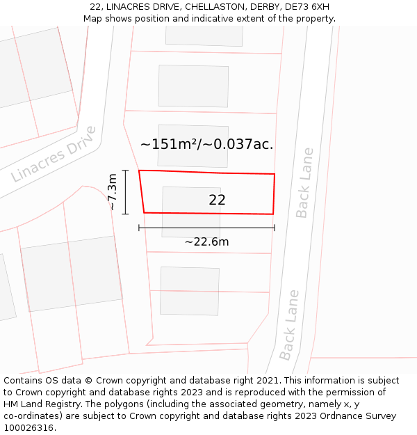 22, LINACRES DRIVE, CHELLASTON, DERBY, DE73 6XH: Plot and title map