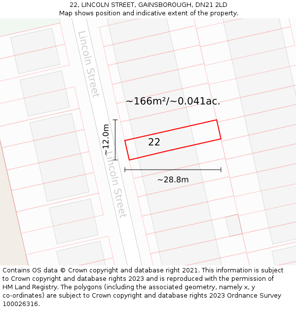 22, LINCOLN STREET, GAINSBOROUGH, DN21 2LD: Plot and title map