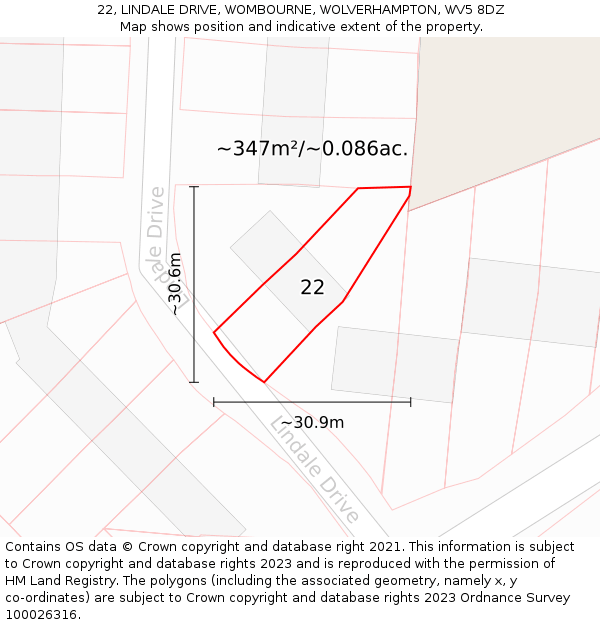 22, LINDALE DRIVE, WOMBOURNE, WOLVERHAMPTON, WV5 8DZ: Plot and title map