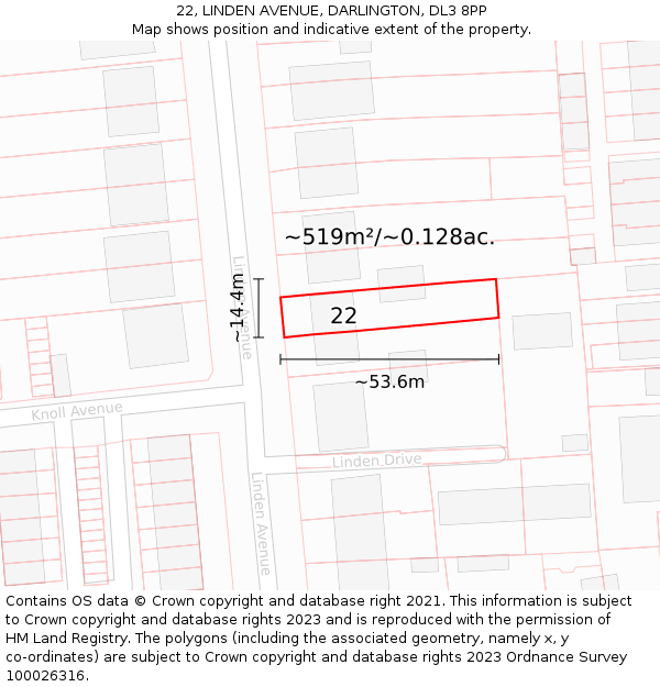 22, LINDEN AVENUE, DARLINGTON, DL3 8PP: Plot and title map