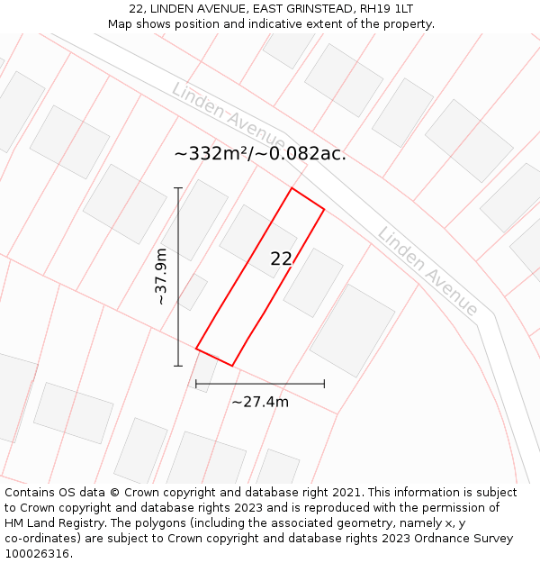 22, LINDEN AVENUE, EAST GRINSTEAD, RH19 1LT: Plot and title map