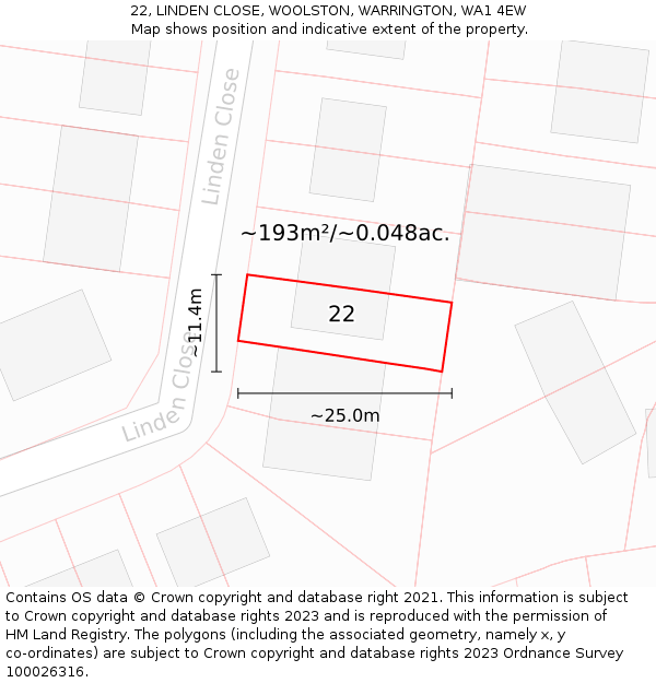 22, LINDEN CLOSE, WOOLSTON, WARRINGTON, WA1 4EW: Plot and title map