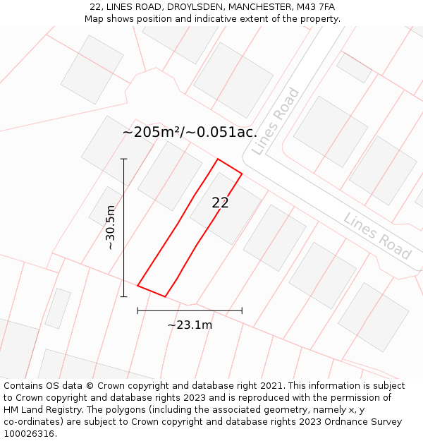 22, LINES ROAD, DROYLSDEN, MANCHESTER, M43 7FA: Plot and title map