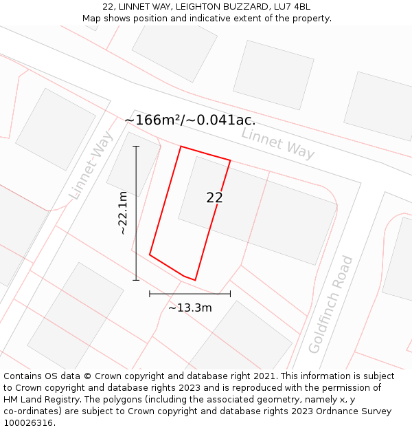 22, LINNET WAY, LEIGHTON BUZZARD, LU7 4BL: Plot and title map