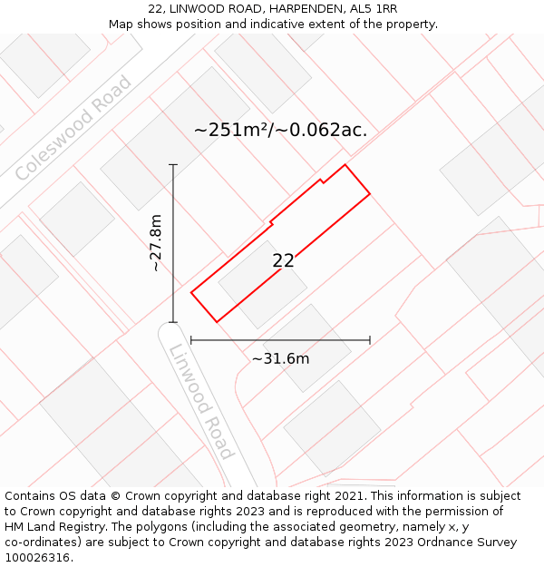 22, LINWOOD ROAD, HARPENDEN, AL5 1RR: Plot and title map