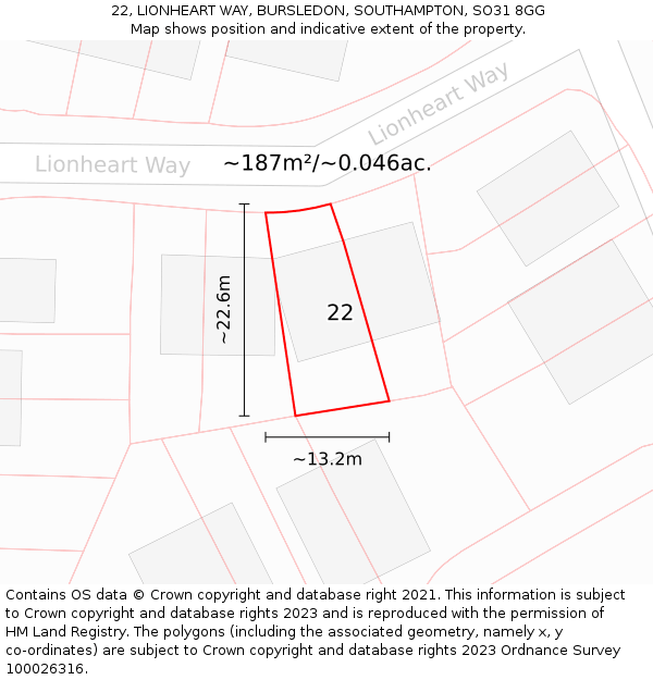 22, LIONHEART WAY, BURSLEDON, SOUTHAMPTON, SO31 8GG: Plot and title map