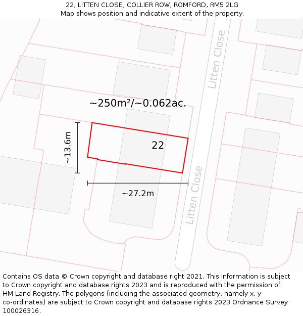 22, LITTEN CLOSE, COLLIER ROW, ROMFORD, RM5 2LG: Plot and title map