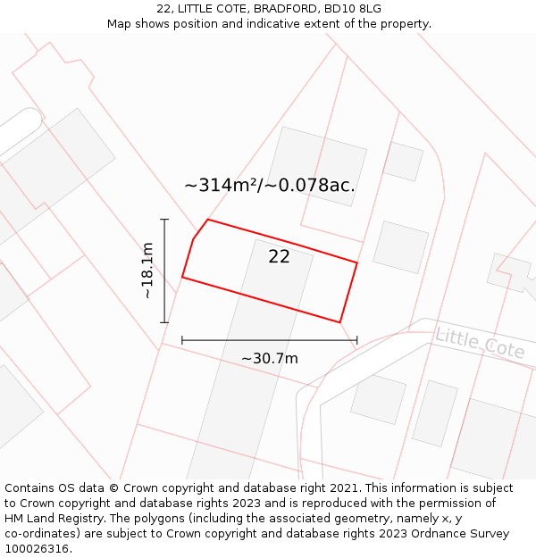 22, LITTLE COTE, BRADFORD, BD10 8LG: Plot and title map