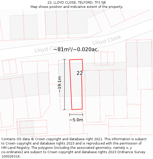 22, LLOYD CLOSE, TELFORD, TF3 5JE: Plot and title map