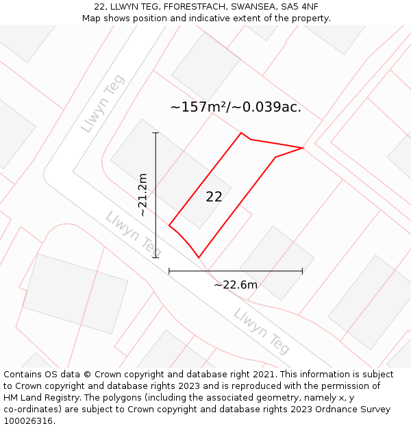 22, LLWYN TEG, FFORESTFACH, SWANSEA, SA5 4NF: Plot and title map
