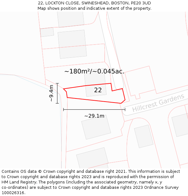 22, LOCKTON CLOSE, SWINESHEAD, BOSTON, PE20 3UD: Plot and title map