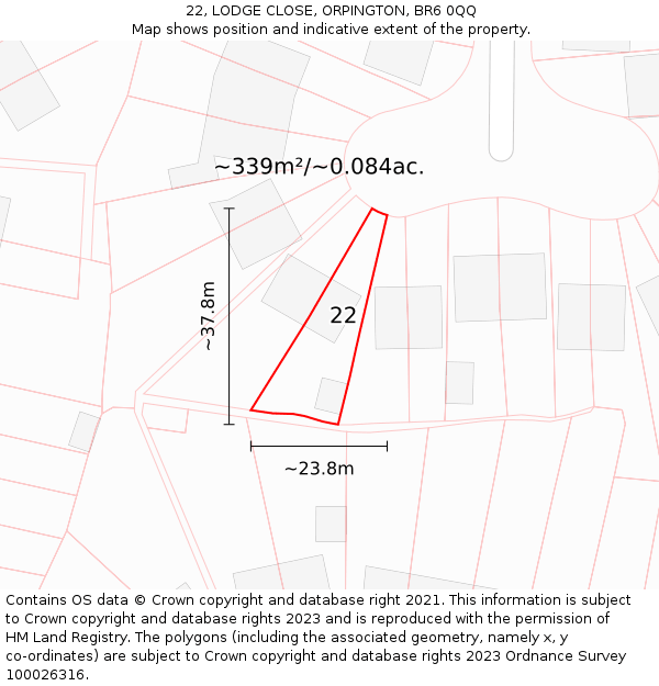 22, LODGE CLOSE, ORPINGTON, BR6 0QQ: Plot and title map