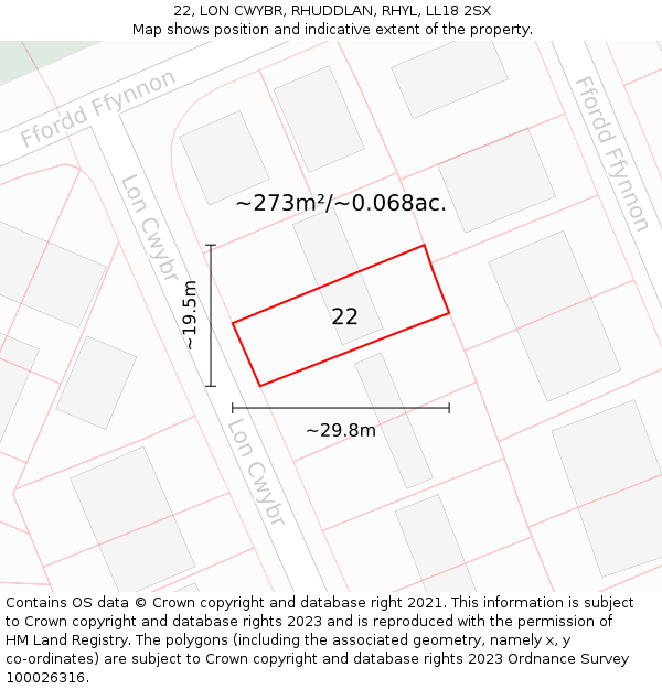 22, LON CWYBR, RHUDDLAN, RHYL, LL18 2SX: Plot and title map