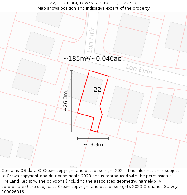 22, LON EIRIN, TOWYN, ABERGELE, LL22 9LQ: Plot and title map