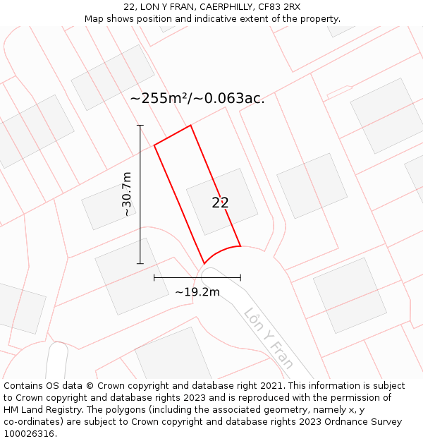 22, LON Y FRAN, CAERPHILLY, CF83 2RX: Plot and title map