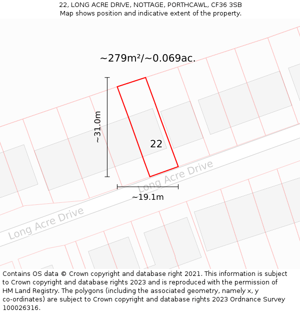 22, LONG ACRE DRIVE, NOTTAGE, PORTHCAWL, CF36 3SB: Plot and title map