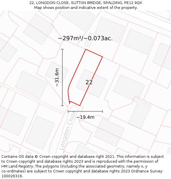 22, LONGDON CLOSE, SUTTON BRIDGE, SPALDING, PE12 9QX: Plot and title map