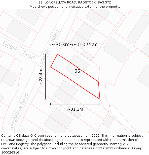 22, LONGFELLOW ROAD, RADSTOCK, BA3 3YZ: Plot and title map
