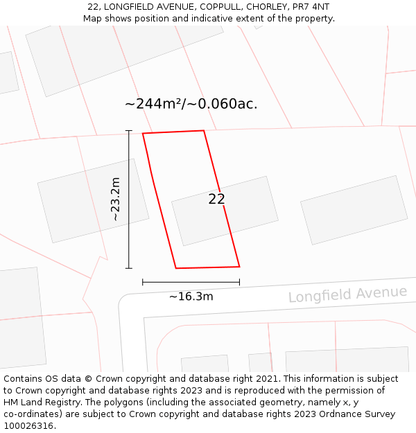 22, LONGFIELD AVENUE, COPPULL, CHORLEY, PR7 4NT: Plot and title map