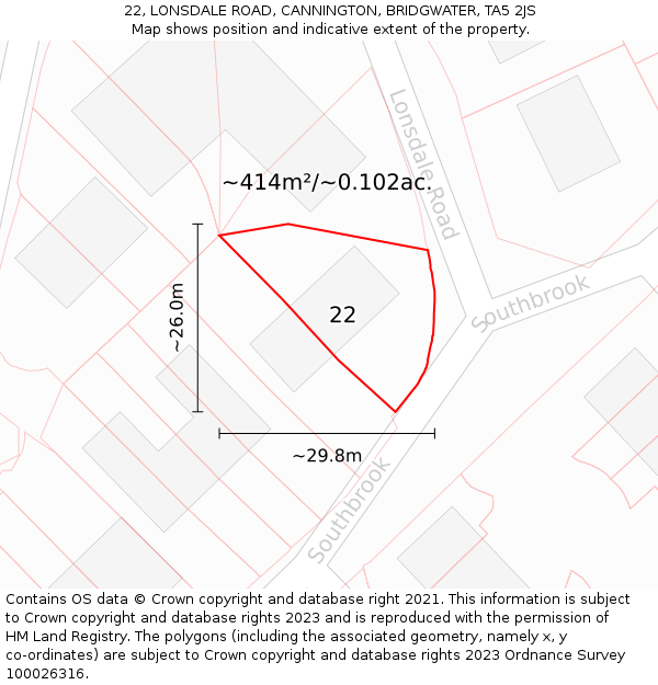 22, LONSDALE ROAD, CANNINGTON, BRIDGWATER, TA5 2JS: Plot and title map