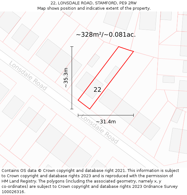 22, LONSDALE ROAD, STAMFORD, PE9 2RW: Plot and title map
