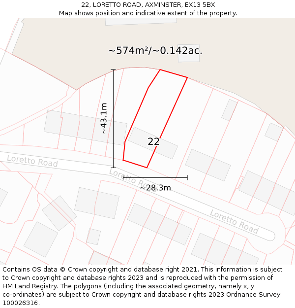 22, LORETTO ROAD, AXMINSTER, EX13 5BX: Plot and title map