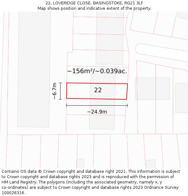 22, LOVERIDGE CLOSE, BASINGSTOKE, RG21 3LF: Plot and title map