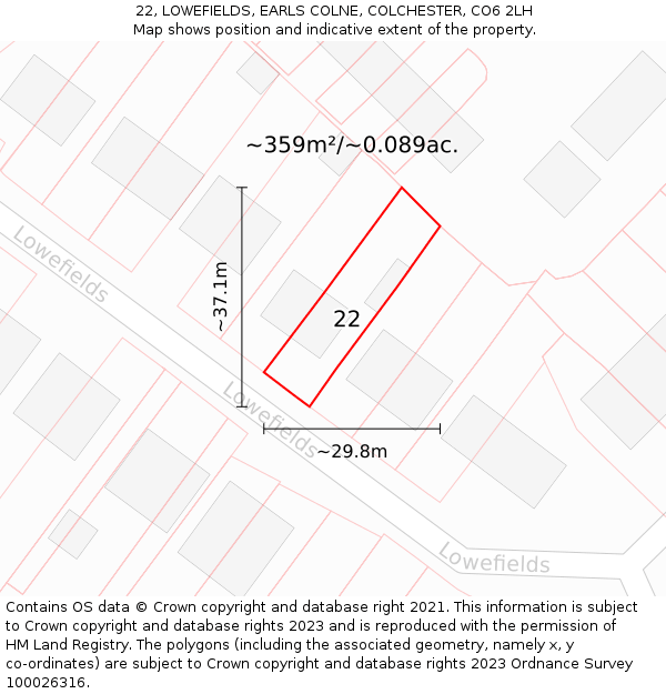 22, LOWEFIELDS, EARLS COLNE, COLCHESTER, CO6 2LH: Plot and title map