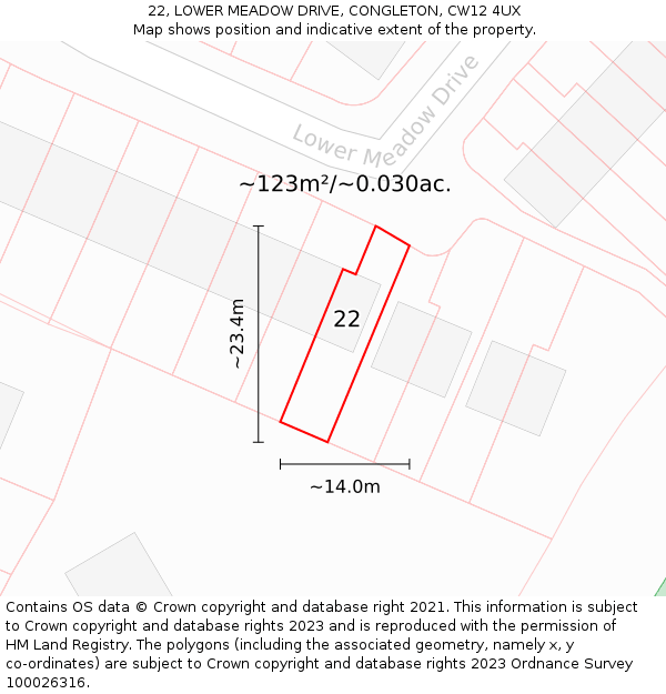 22, LOWER MEADOW DRIVE, CONGLETON, CW12 4UX: Plot and title map