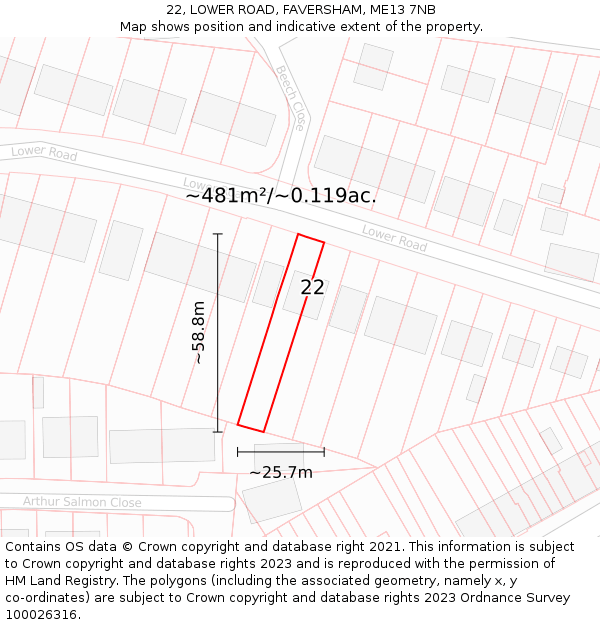 22, LOWER ROAD, FAVERSHAM, ME13 7NB: Plot and title map