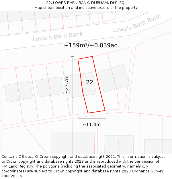 22, LOWES BARN BANK, DURHAM, DH1 3QL: Plot and title map
