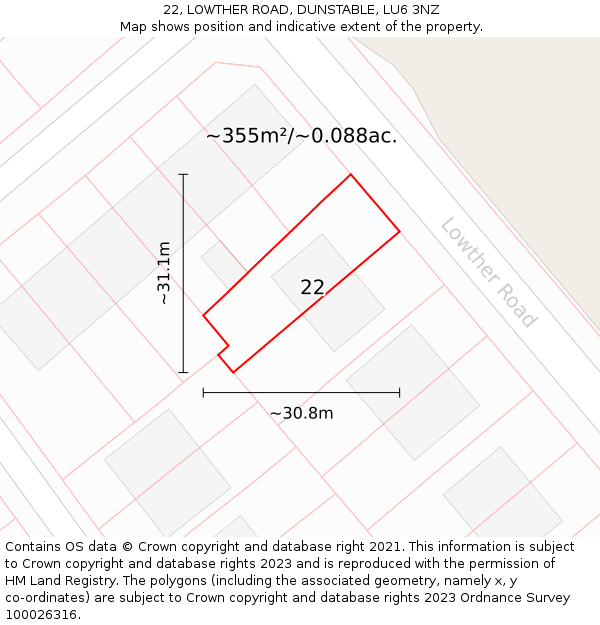 22, LOWTHER ROAD, DUNSTABLE, LU6 3NZ: Plot and title map