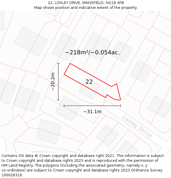 22, LOXLEY DRIVE, MANSFIELD, NG18 4FB: Plot and title map