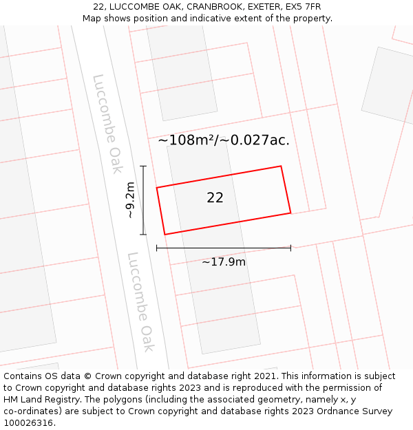 22, LUCCOMBE OAK, CRANBROOK, EXETER, EX5 7FR: Plot and title map
