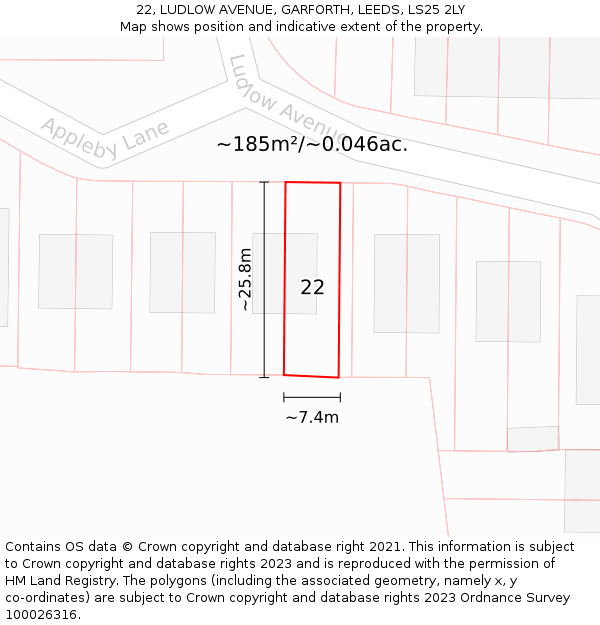 22, LUDLOW AVENUE, GARFORTH, LEEDS, LS25 2LY: Plot and title map