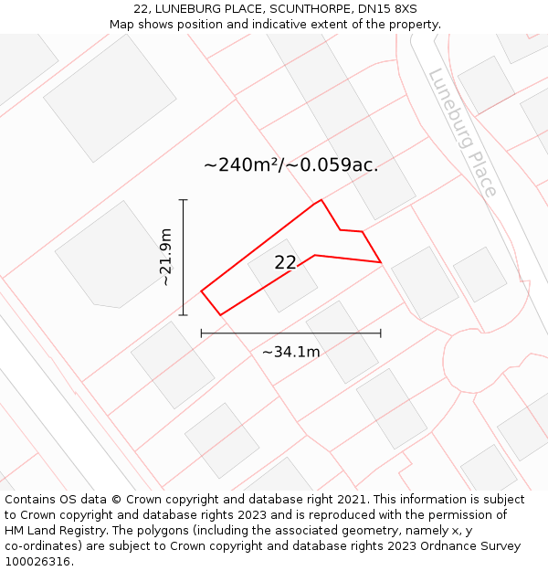 22, LUNEBURG PLACE, SCUNTHORPE, DN15 8XS: Plot and title map
