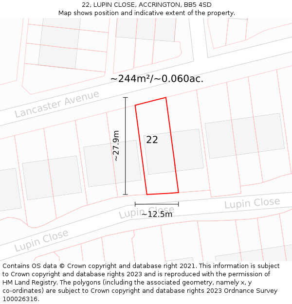 22, LUPIN CLOSE, ACCRINGTON, BB5 4SD: Plot and title map