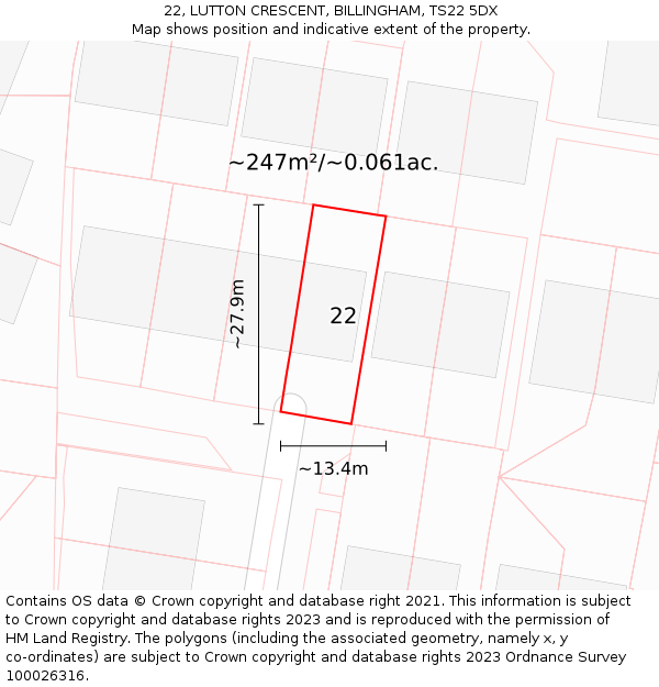22, LUTTON CRESCENT, BILLINGHAM, TS22 5DX: Plot and title map