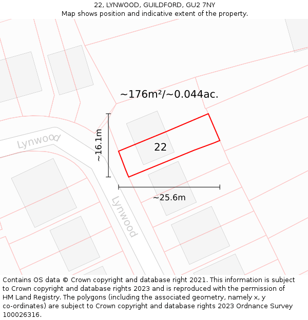 22, LYNWOOD, GUILDFORD, GU2 7NY: Plot and title map
