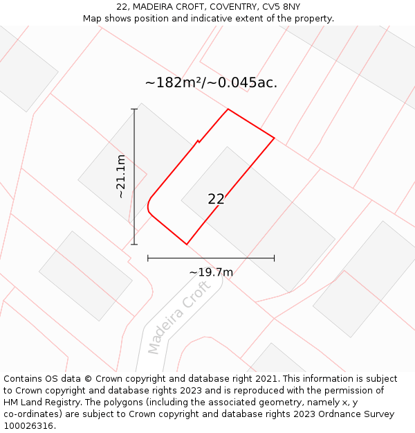 22, MADEIRA CROFT, COVENTRY, CV5 8NY: Plot and title map