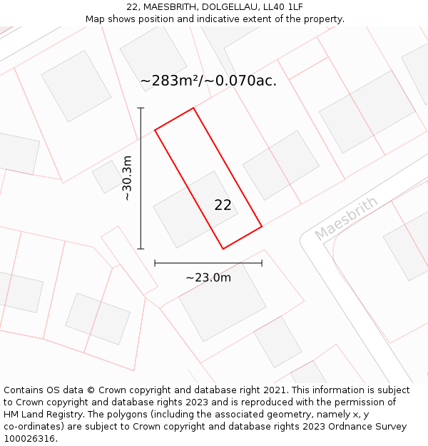 22, MAESBRITH, DOLGELLAU, LL40 1LF: Plot and title map