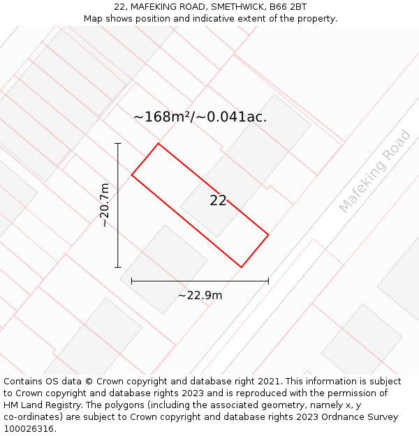 22, MAFEKING ROAD, SMETHWICK, B66 2BT: Plot and title map