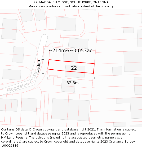 22, MAGDALEN CLOSE, SCUNTHORPE, DN16 3NA: Plot and title map
